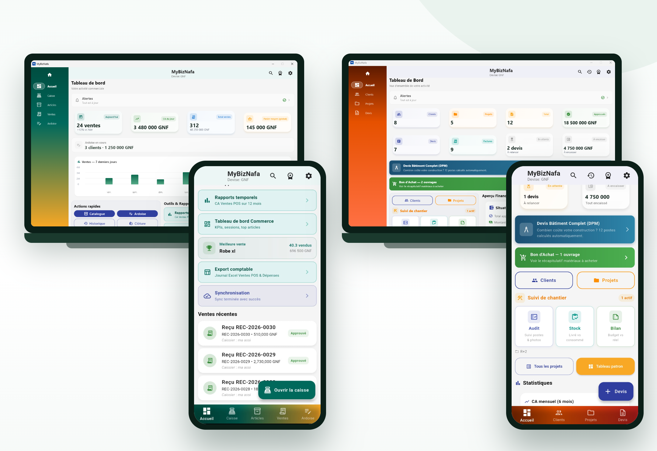 MyBizNafa — tableaux de bord réels, modes BTP et Commerce, sur ordinateur et téléphone